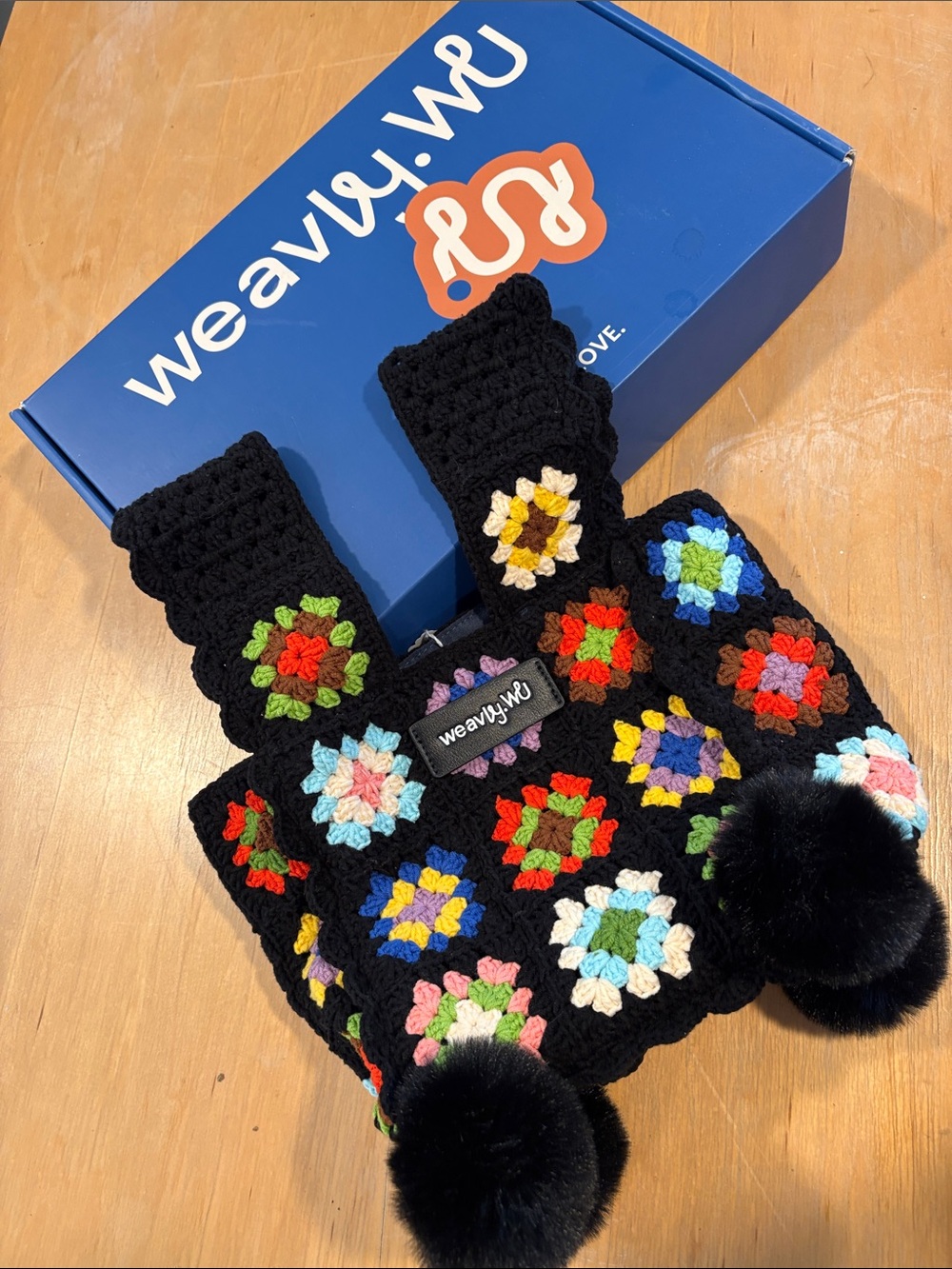 Black Crochet Granny Square Pom-Pom Tote Bag